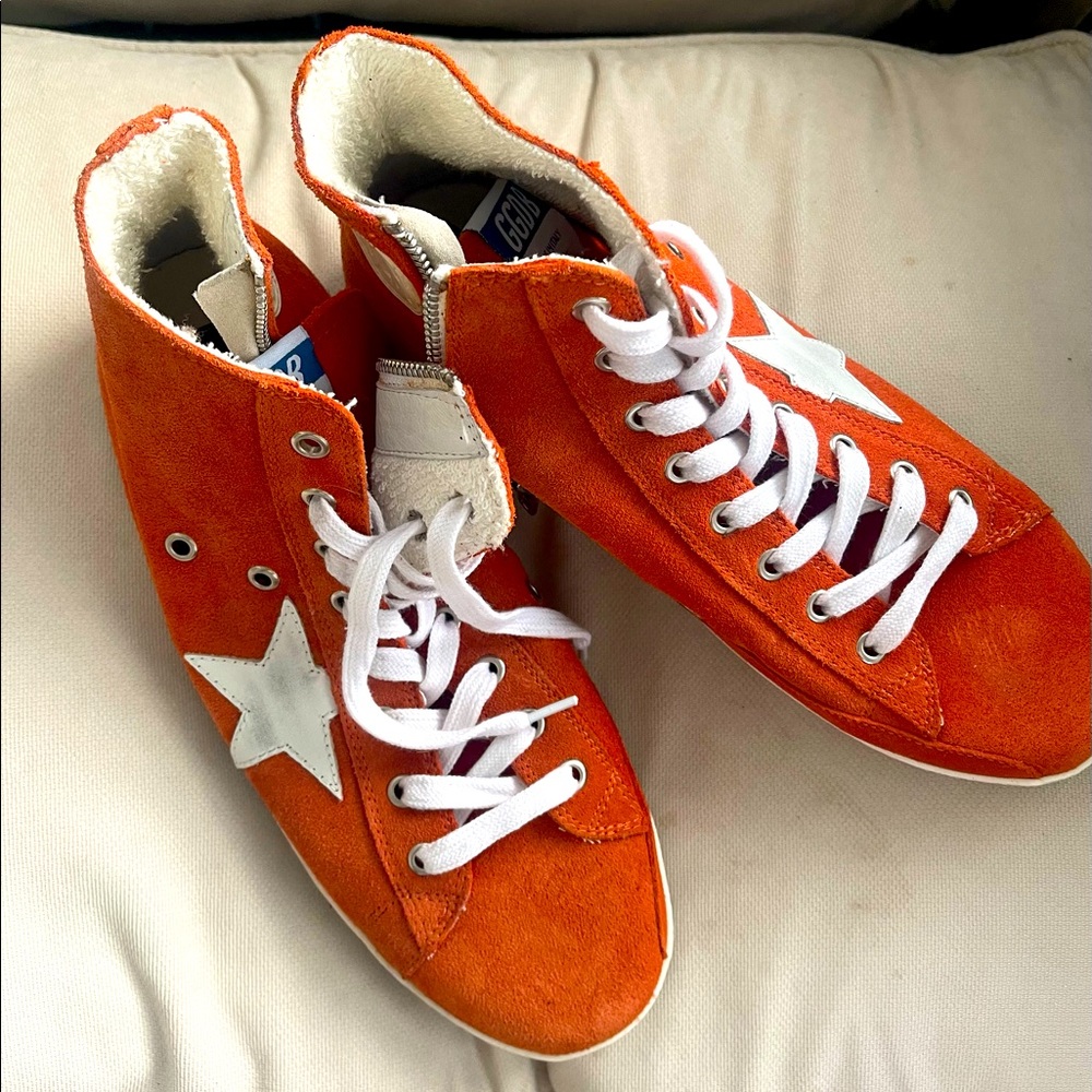 Orange suede Golden Goose high top sneakers